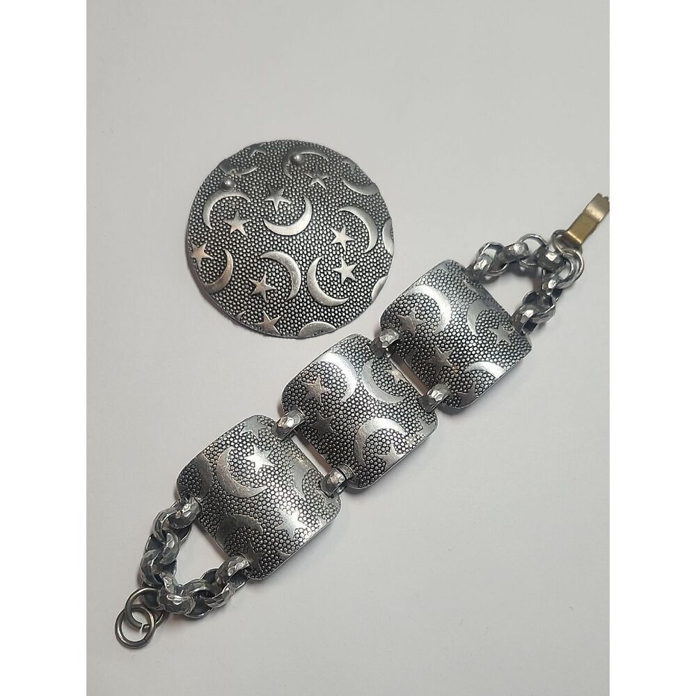 Vintage Hammered Aluminum Silver Moon & Star Bracelet and Brooch Set